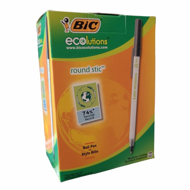 Bild von BIC Kugelschreiber ECOlutions Round Stic, in Schwarz, Strichstärke 0,4 mm, 60er Pack, Ideal für das Büro, das Home Office oder die Schule