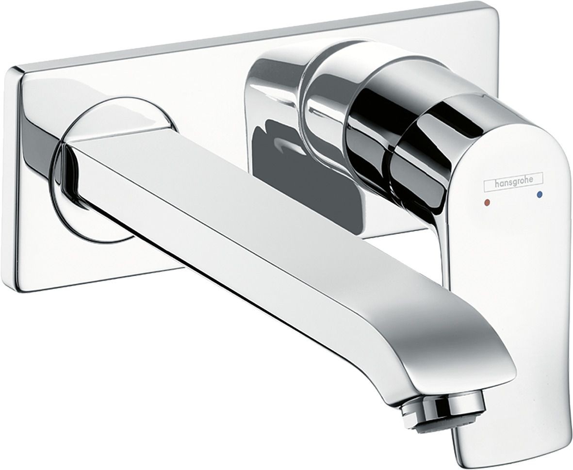 Bild von Hansgrohe Metris Einhebel-Waschtischmischer	Unterputz mit Auslauf 225 mm für Wandmontage	Ausladung 225 mm	Griff wahlweise rechts oder links montierbar	Normalstrahl	Durchflussmenge: 5l/min	Keramikmischsystem	Temperaturbegrenzung einstellbar	unverschließbares Siebventil	Anschlussgröße: DN 15	P-IX 18117/IO