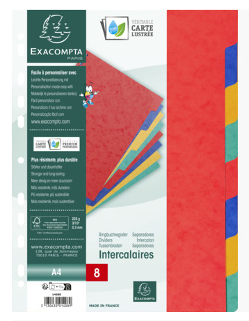 Bild von Exacompta 1408E Premium-Register für DIN A4 aus starkem Colorspankarton 8-teilig volle Höhe 22 x 29,7 cm vollfarbig 2 x 4 Farben mit Indexseite zum selbstgestalten Trennblätter Trennstreifen