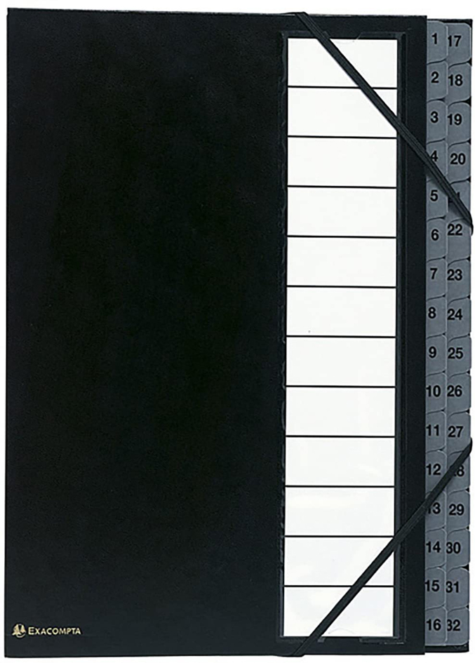 Bild von Exacompta 56032E Premium Ordnungsmappe Ordonator. Mit festem Einband für DIN A4 und 32 Fächern 1-32 mit dehbarem Rücken, 2 Gummizügen, Kunststofftaben Fächermappe Register-Mappe schwarz