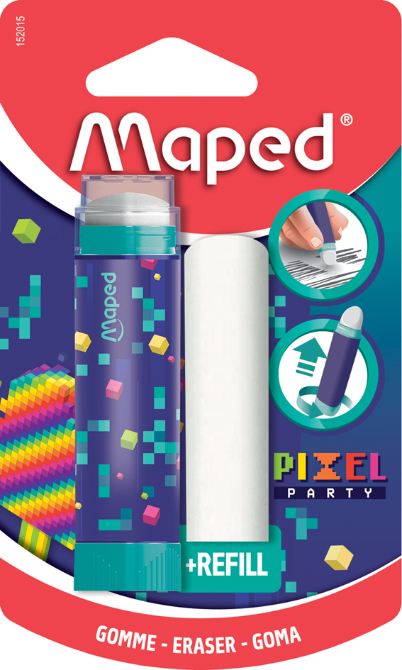 Bild von Maped - Weißer Radiergummi Pixel Party – einziehbarer Radiergummi, geschützt und effizient – sehr praktisches Drehsystem – 1 Nachfüllpack Radiergummi inklusive, frei von PVC und Phth