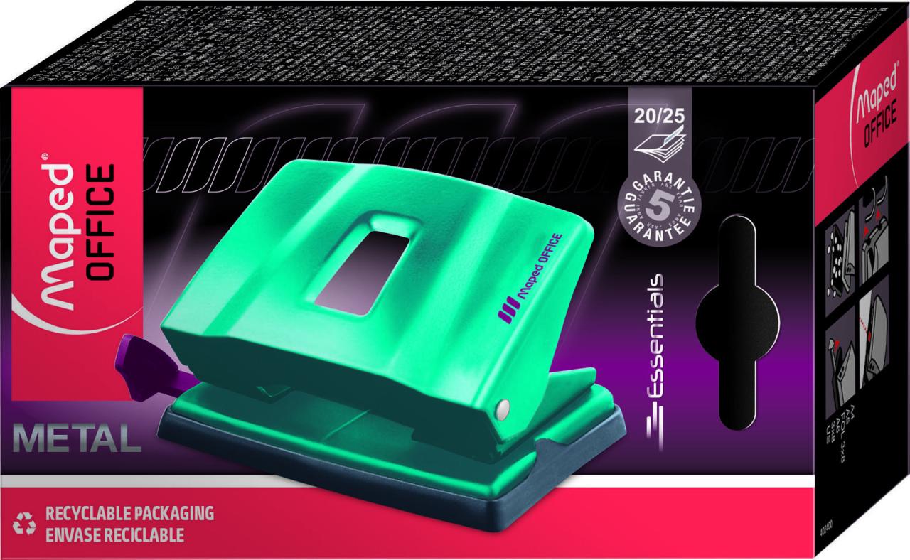 Bild von Maped - Locher ESSENTIALS DECO 20/25 Blatt - für 20/25 Blätter - Glanzlack-Oberfläche im trendigen Türkis - Mechanik & Führungselemente 100% aus Metall - Lochabstand 8 cm - für alle Papierformate