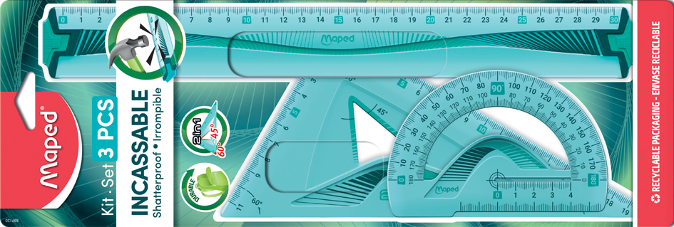 Bild von Maped, Lineal, Geometrie-Set Flex, bruchfest, 3-teilig, 4 Funktionen