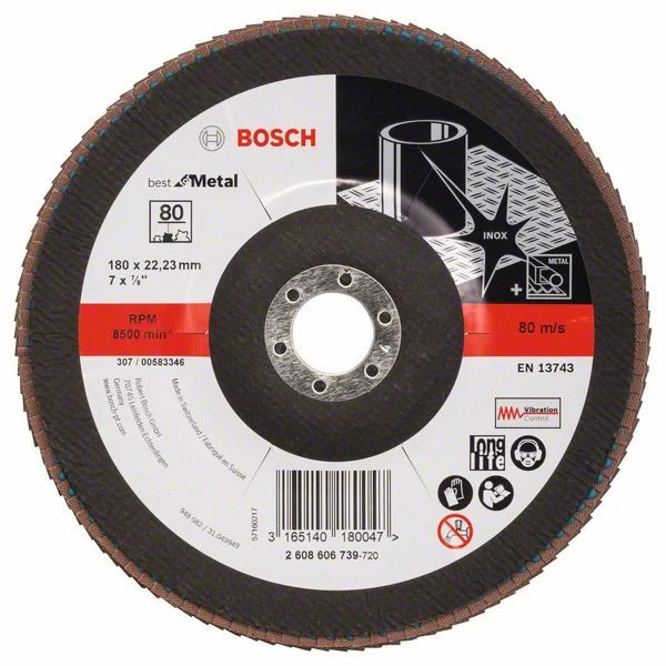 Bild von Bosch 1x PRO Metal X571 Fächerschleifscheibe, gerade Ausführung, Fiber, für große Winkelschleifer (für Stahl, Edelstahl, Ø 180 mm, Körnung 80, Professional Zubehör Großer Winkelschleifer)