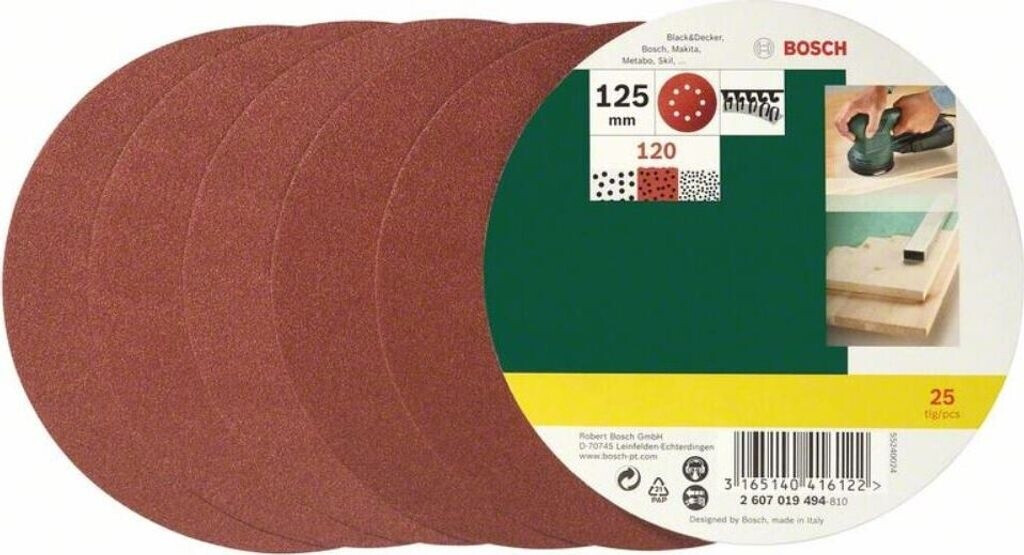 Bild von BOSCH Schleifpapier, (25 Stück), Set 8 Löcher für Exzenterschleifer K120 - 125 mm - 25er-Pack