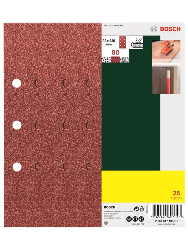 Bild von Bosch Home and Garden 25-teiliges Schleifblatt-Set für Schwingschleifer, 93 x 230 mm, 8 Löcher, Körnung 80, 2607017105