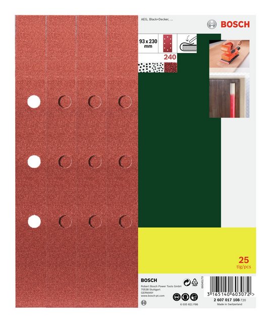 Bild von BOSCH Schleifpapier, (25 Stück), Set 8 Löcher f. Black+Decker Schwingschleifer K240 - 93 x 230 mm
