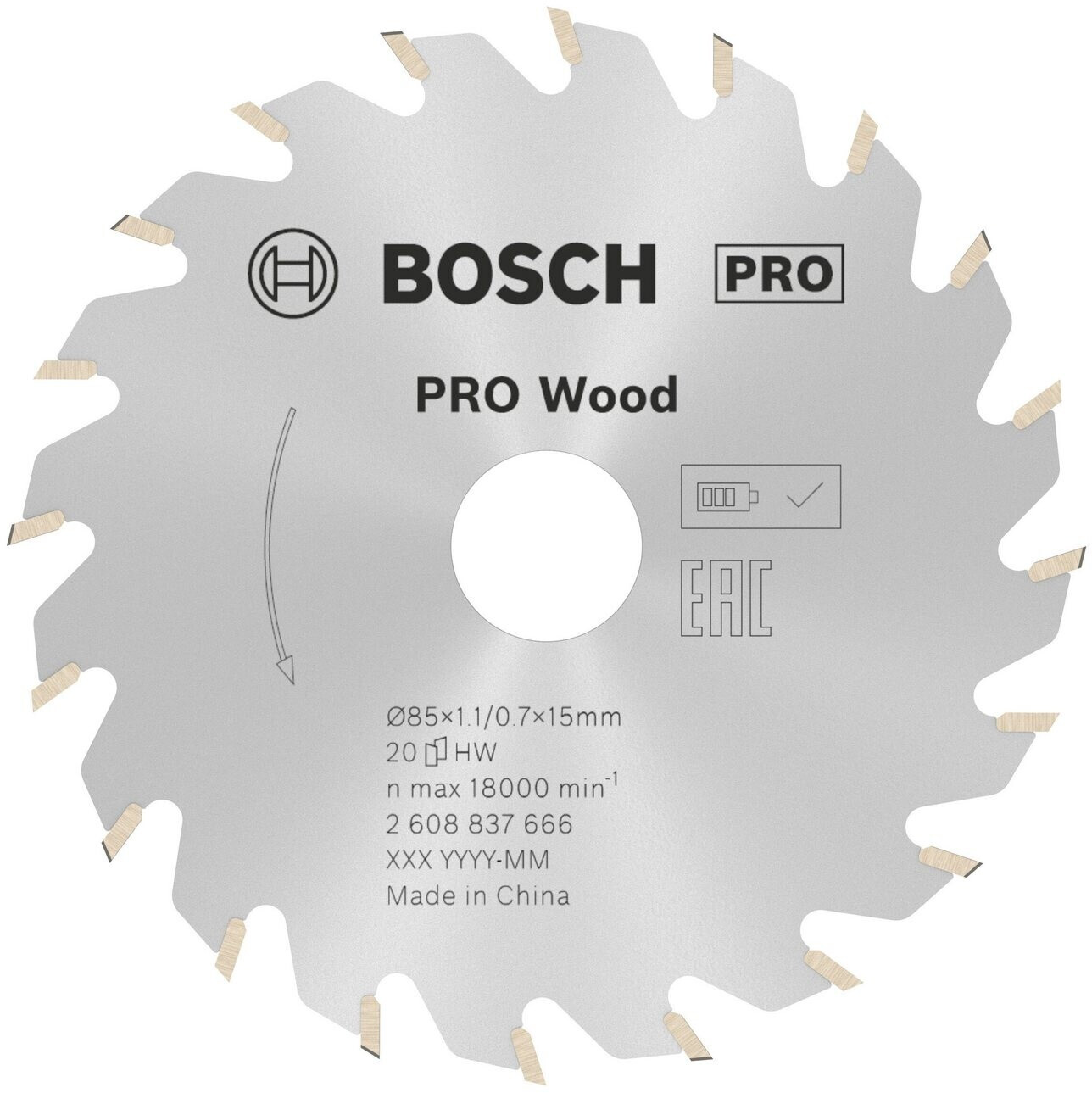 Bild von BOSCH Kreissägeblatt Pro Wood cordless, 85 x 1,1 x 15 mm, 20 Zähne, für Akku-Handkreissägen