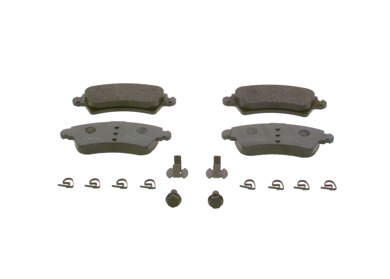 Bild von BOSCH 0 986 424 801 Bremsbelagsatz Bremsbeläge, Bremsklötze, Bremssteine Low-Metallic mit Schrauben, mit Montageanleitung PEUGEOT: 206 Hatchback