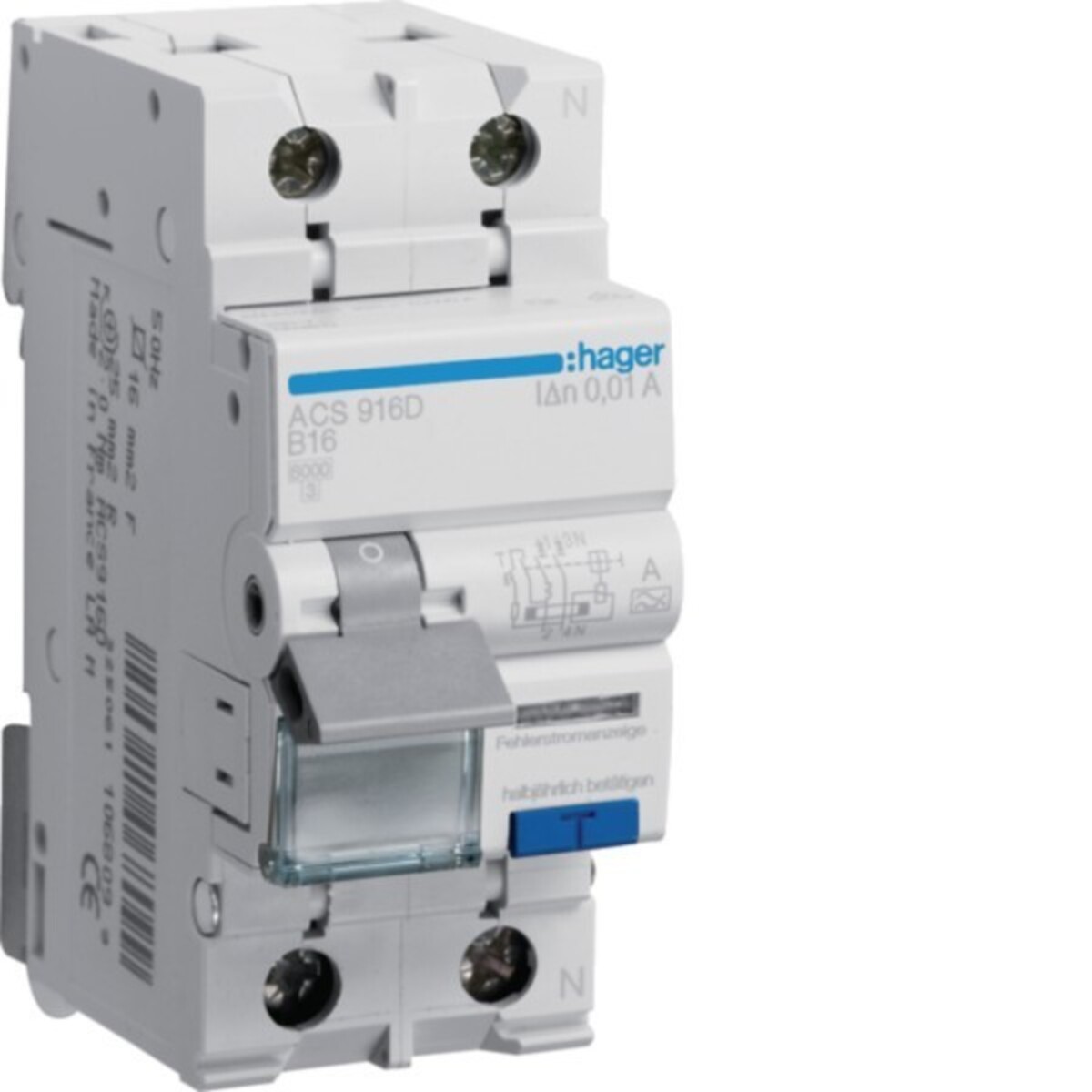 Bild von HAGER ACS916D - Fehlerstrom-Leitungsschutzschalter 1P+N 6kA B-16 A 10mA Typ A