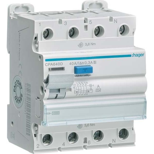 Bild von Hager CPA640D Fehlerstromschutzschalter 4p 10kA 40A 300mA S, Relais