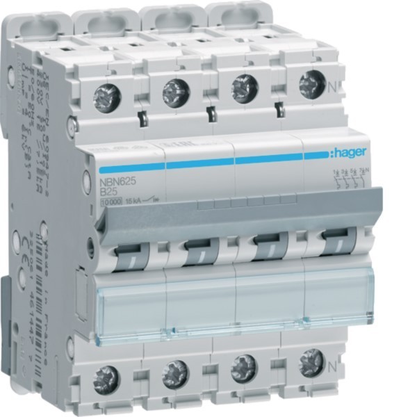 Bild von Hager, Schutzschalter, HAG NBN625 LS-Schalter 3P+N 10kA B-25A 4M