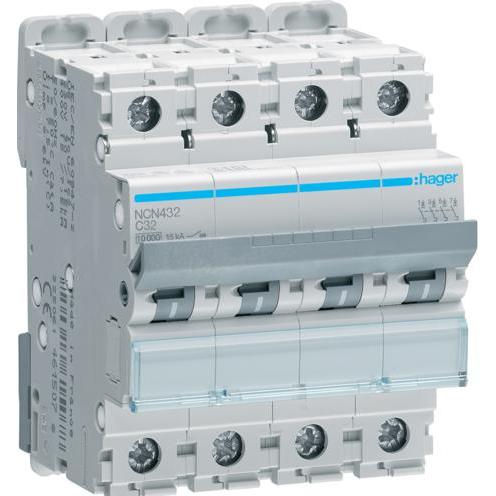 Bild von Hager, Schutzschalter, HAG NCN432 LS-Schalter 4P 10kA C-32A 4M