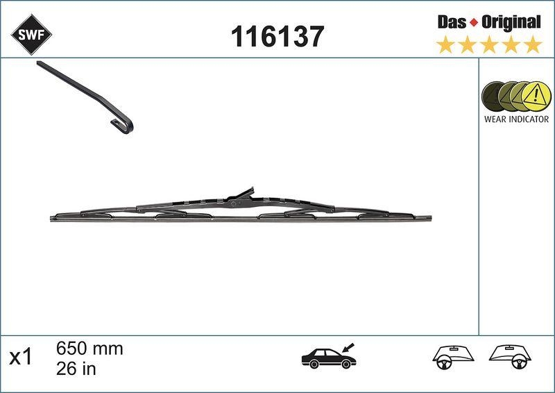 Bild von SWF 116137 Scheibenwischer Wischblatt, Wischerblätter, Heckscheibenwischer 650 Standard 26 HONDA: CIVIC 10, CR-V 3, Jazz 3, HYUNDAI: i30 III Estate