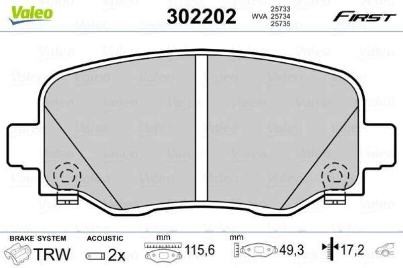 Bild von VALEO Bremsbelagsatz FIRST Hinterachse 302202 Bremsbeläge,Bremsklötze FIAT,JEEP,500X (334_),Renegade SUV (BU, B1),Compass (MP, M6)