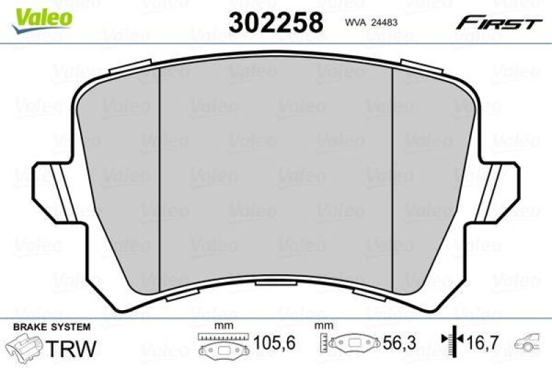 Bild von VALEO Bremsbelagsatz FIRST Hinterachse 302258 Bremsbeläge,Bremsklötze VW,AUDI,SEAT,Passat Variant (3C5),TIGUAN (5N_),Passat Variant (365)