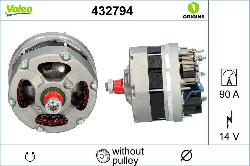 Bild von VALEO 432794 Generator Ladestrom des Generators: 90 Amp Rippen: rippen Riemenscheibe Ø: mm Spannung: 14 V Drehrichtung: TWO DIRECTIONS