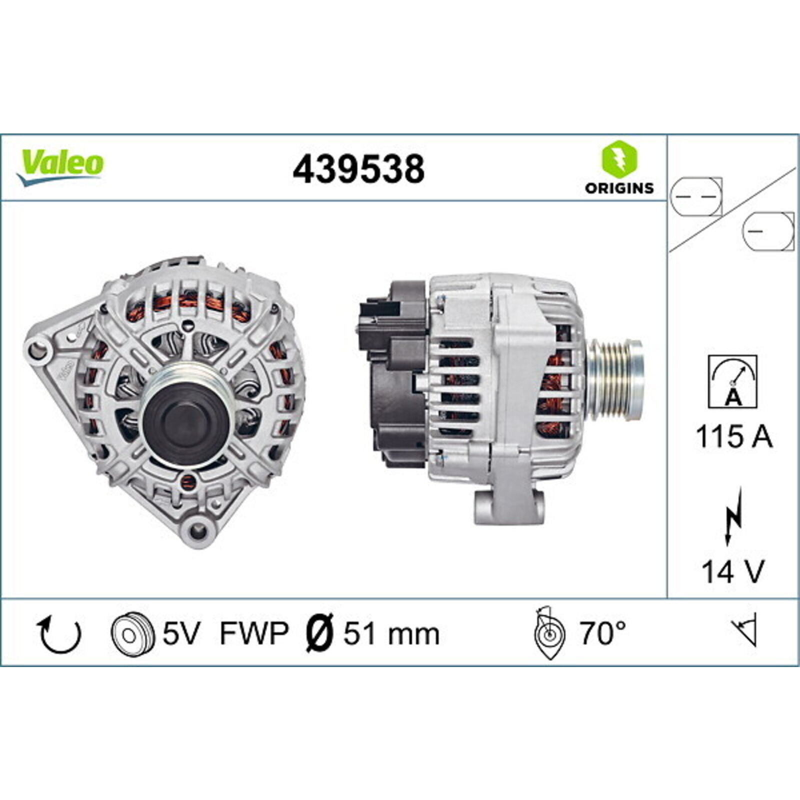 Bild von VALEO 439538 Generator Ladestrom des Generators: 115 Amp Rippen: 5 rippen Riemenscheibe Ø: 51 mm Spannung: 14 V Drehrichtung: CLOCKWISE