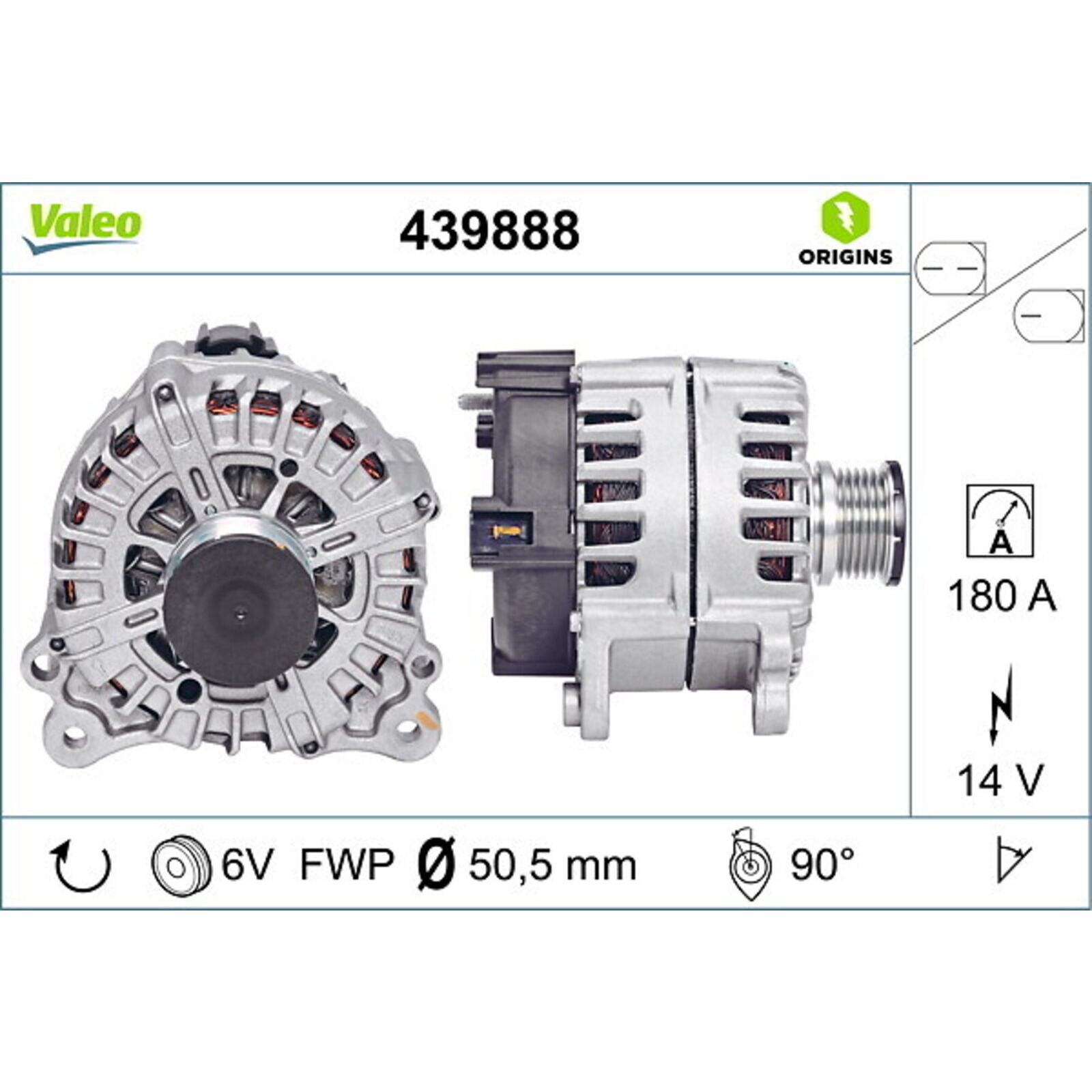 Bild von VALEO 439888 Generator Ladestrom des Generators: 180 Amp Rippen: 6 rippen Riemenscheibe Ø: 50,5 mm Spannung: 14 V Drehrichtung: CLOCKWISE