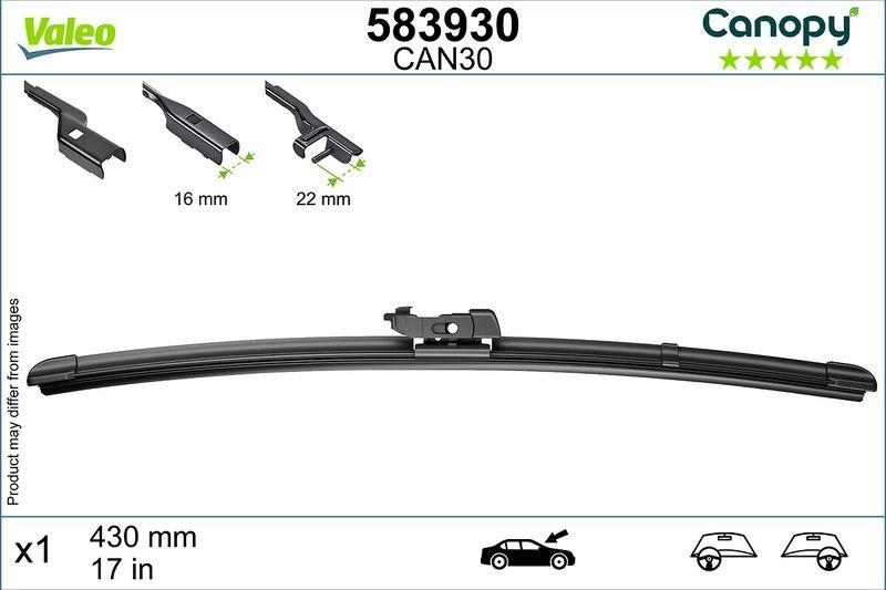 Bild von VALEO CANOPY 583930 Scheibenwischer Wischblatt, Wischerblätter, Heckscheibenwischer PEUGEOT: 5008 II, 207 Hatchback, 207 CC, FORD: Focus 2, KUGA 1