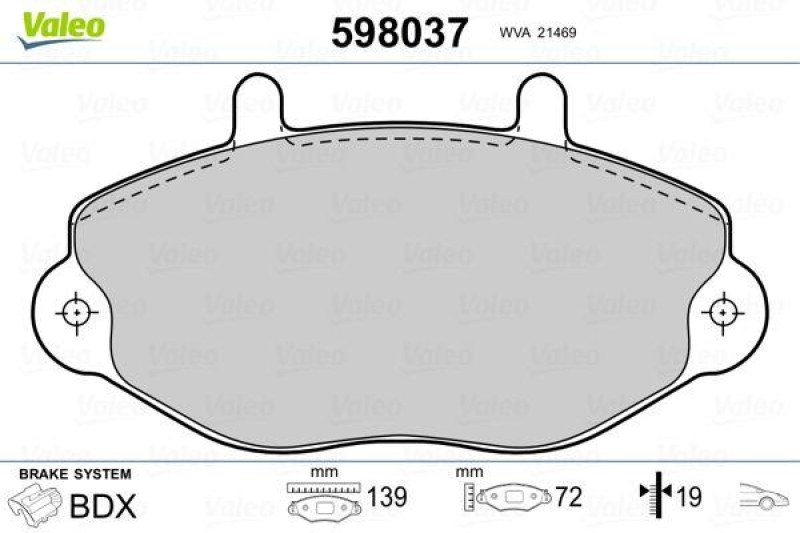 Bild von VALEO 598037 Bremsbelagsatz Bremsbeläge, Bremsklötze, Bremssteine Vorderachse exkl. Verschleißwarnkontakt ohne Anti-Quietsch-Blech