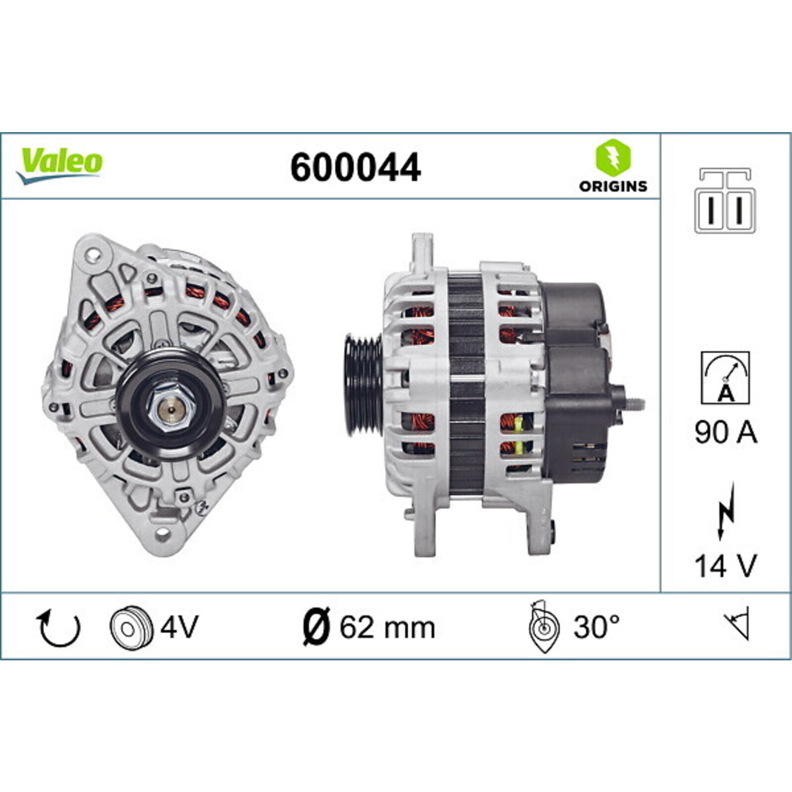 Bild von VALEO 600044 Generator Ladestrom des Generators: 90 Amp Rippen: 4 rippen Riemenscheibe Ø: 62 mm Spannung: 14 V Drehrichtung: CLOCKWISE