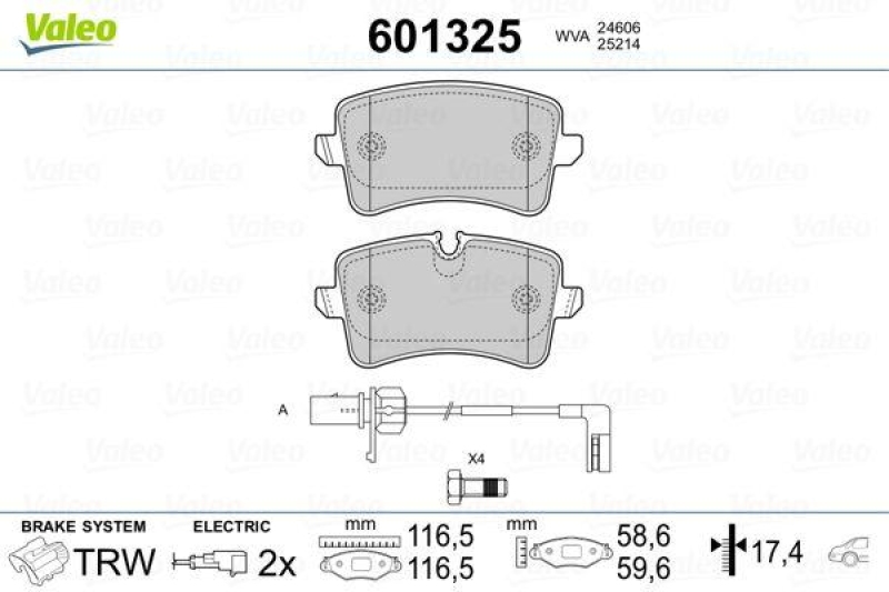 Bild von VALEO 601325 Bremsbelagsatz Bremsbeläge, Bremsklötze, Bremssteine Hinterachse inkl. Verschleißwarnkontakt mit Schrauben, mit Anti-Quietsch-Blech