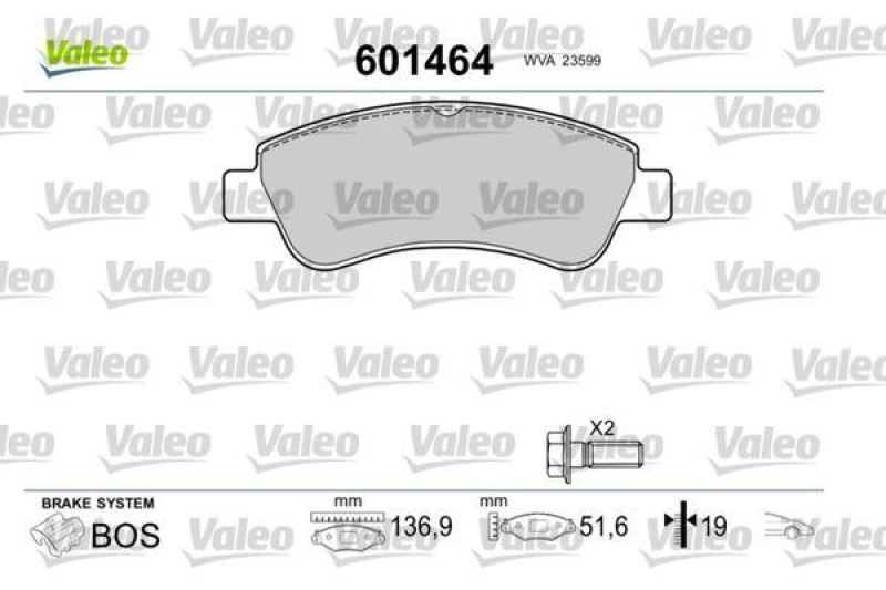 Bild von VALEO 601464 Bremsbelagsatz Bremsbeläge, Bremsklötze, Bremssteine Vorderachse mit Schrauben, mit Anti-Quietsch-Blech PEUGEOT: 207 Hatchback