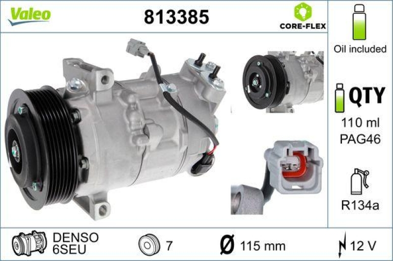 Bild von VALEO 813385 Kompressor Klimakompressor, Klimaanlage Kompressor, Kompressor, Klimaanlage 6SEU 12 PAG 46 R134a mit PAG-Kompressoröl NEW ORIGINAL PART