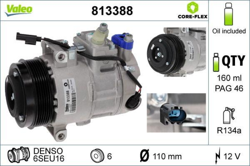 Bild von VALEO NEW ORIGINAL PART 813388 Kompressor Klimakompressor, Klimaanlage Kompressor, Kompressor, Klimaanlage 6SEU16 12 PAG 46 R134a mit PAG-Kompressoröl