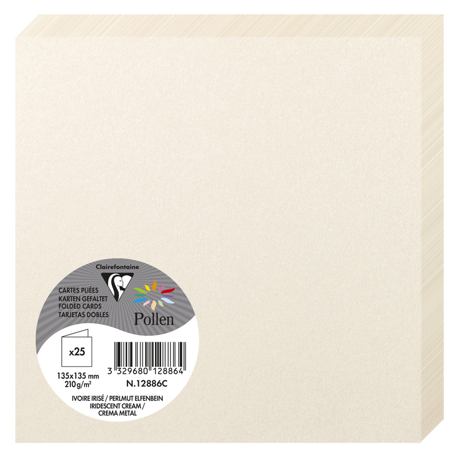 Bild von Clairefontaine 12886C - Packung mit 25 Karten Pollen gefaltet, viereckig 13,5x13,5cm, 210g, Elfenbein Perlmutt, ideal für Ihre Einladungen und Korrespondenz, 1 Pack