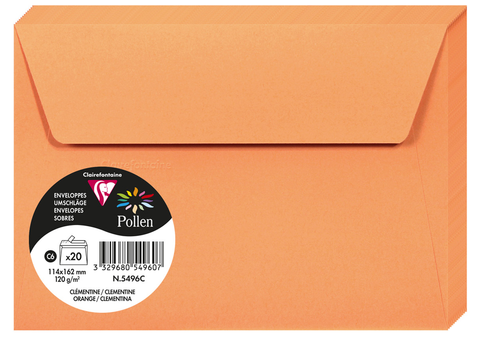 Bild von Clairefontaine 5496C - Packung mit 20 Umschläge Pollen, Format C6, 114 x 162mm, 120g, ideal für Korrespondenz und Einladungen, Clementine, 1 Pack