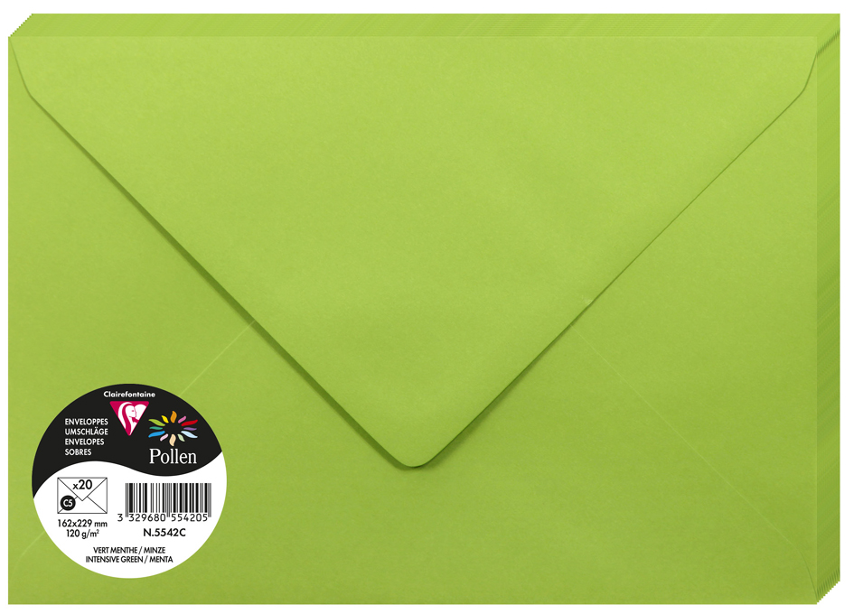 Bild von Clairefontaine 5542C - Packung mit 20 Umschläge Pollen, Format C5, 162 x 229 mm, 120g, ideal für Korrespondenz und Einladungen, Minzgrün, 1 Pack