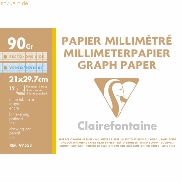 Bild von 10 x Clairefontaine Millimeterpapier A4 gelocht weiß 90g/qm 12 Blatt