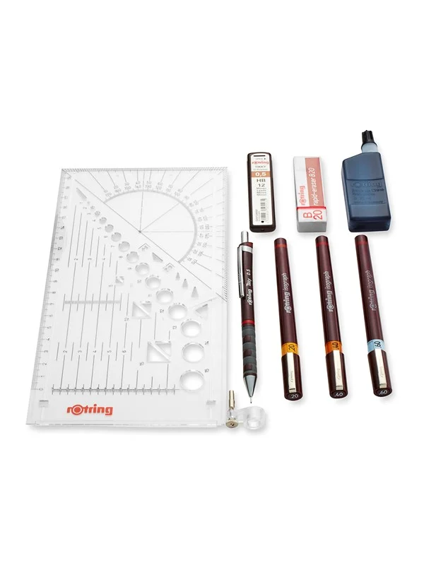 Bild von Rotring rOtring Isograph Fineliner College Set | 3 Isograph Tuschefüller (0,20 mm, 0,40 mm und 0,60 mm), Tikky Druckbleistift (0,5mm) und Zubehör