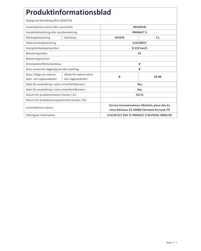 Bild von 215/50R17*H PRIMACY 3 91H SELFSEAL