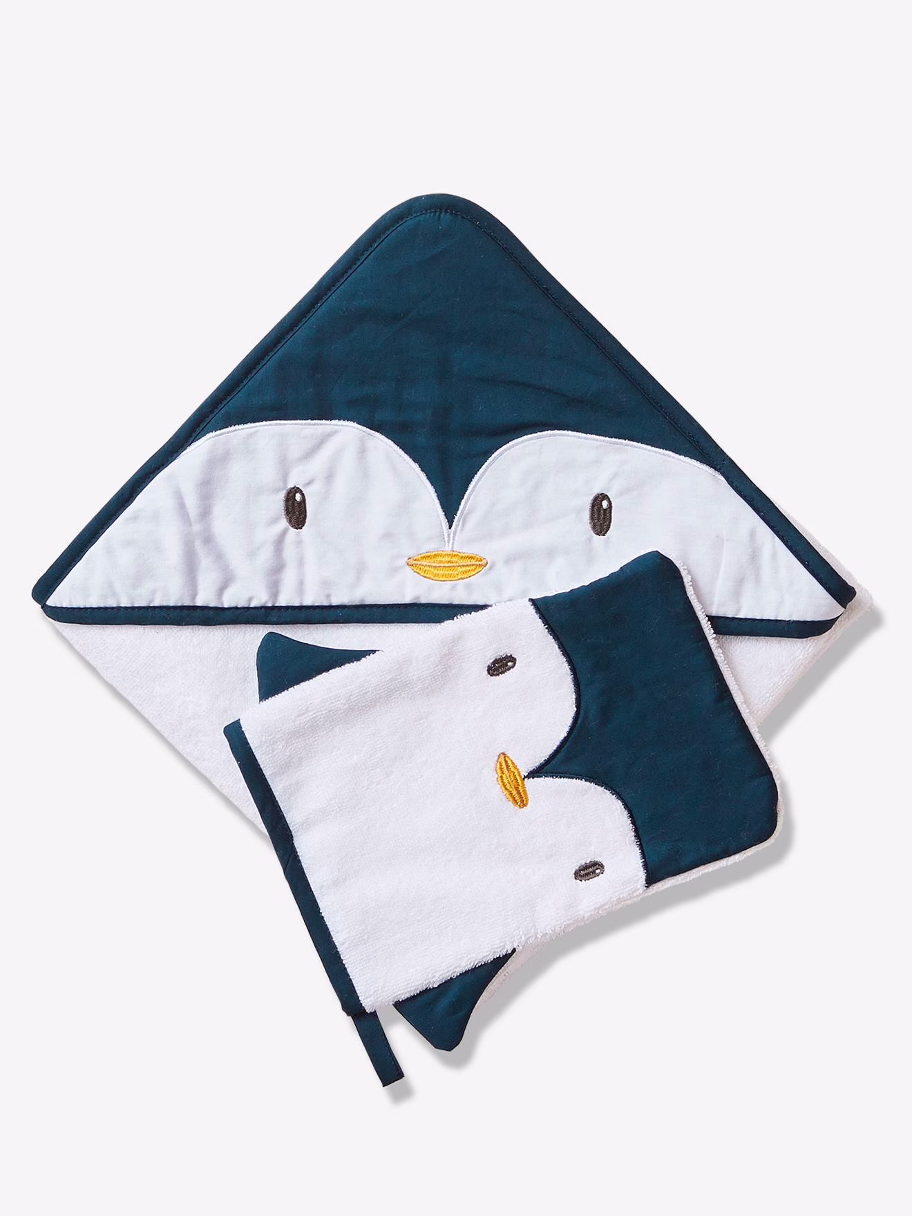 Bild von VERTBAUDET Set mit Kapuzenbadetuch + Handschuh, Pinguin, Oeko-Tex®, Weiß/Blau, 100 x 100 cm