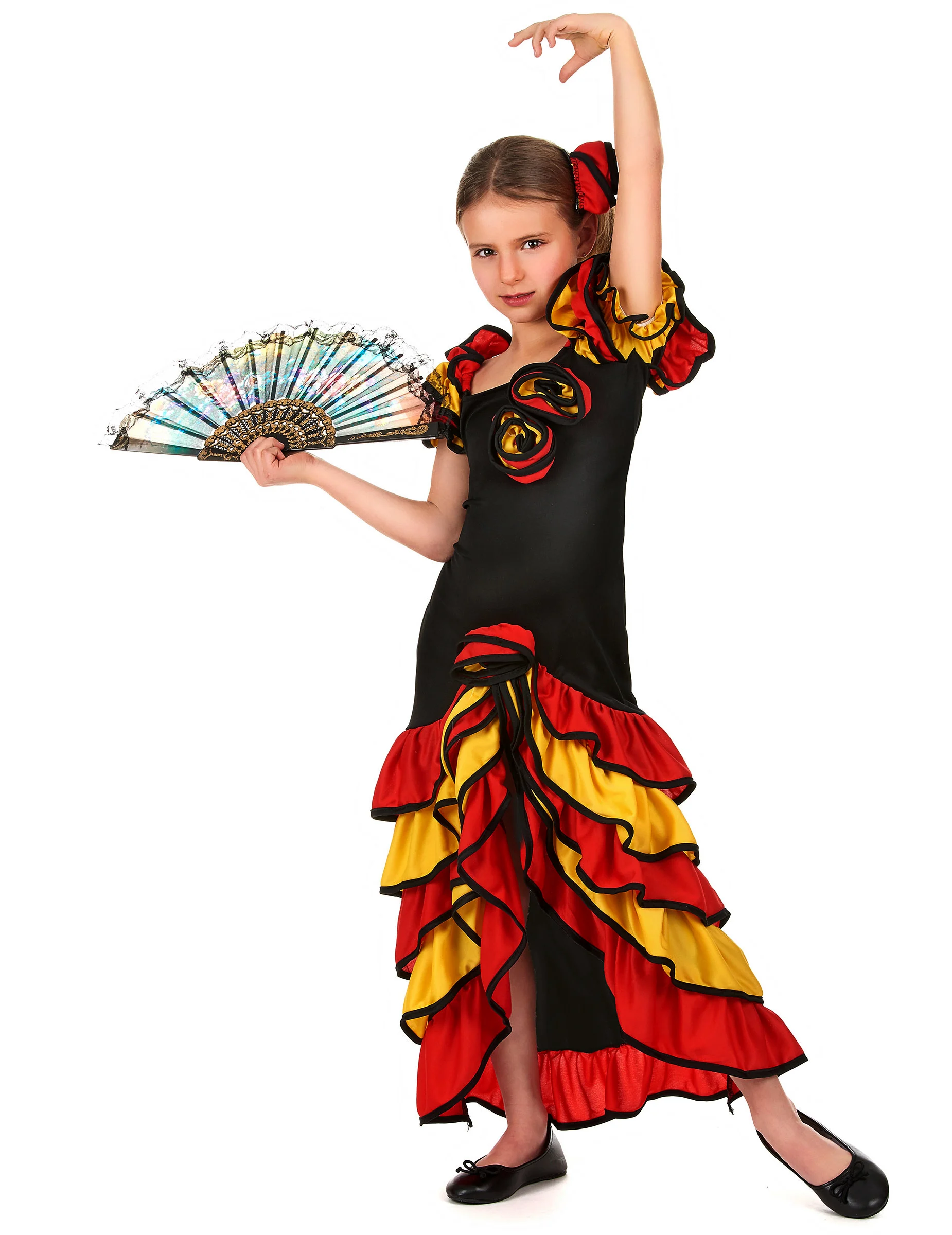 Bild von Flamenco-Tänzerin Mädchenkostüm schwarz-rot-gelb