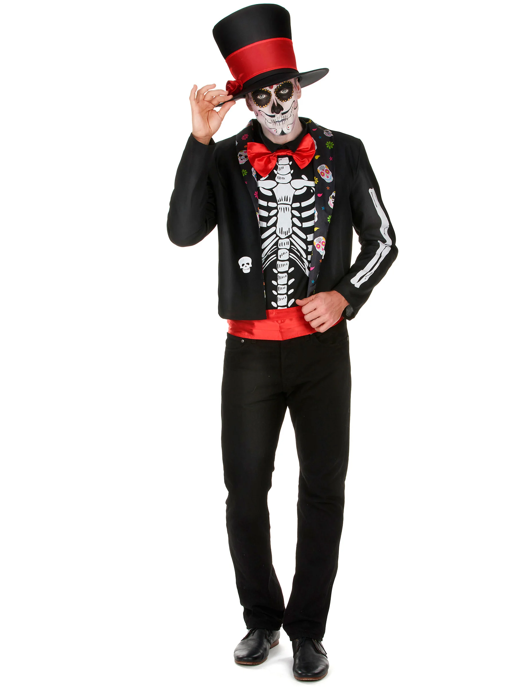 Bild von Skelett Herrenkostüm Dia de los Muertos rot-schwarz-weiss