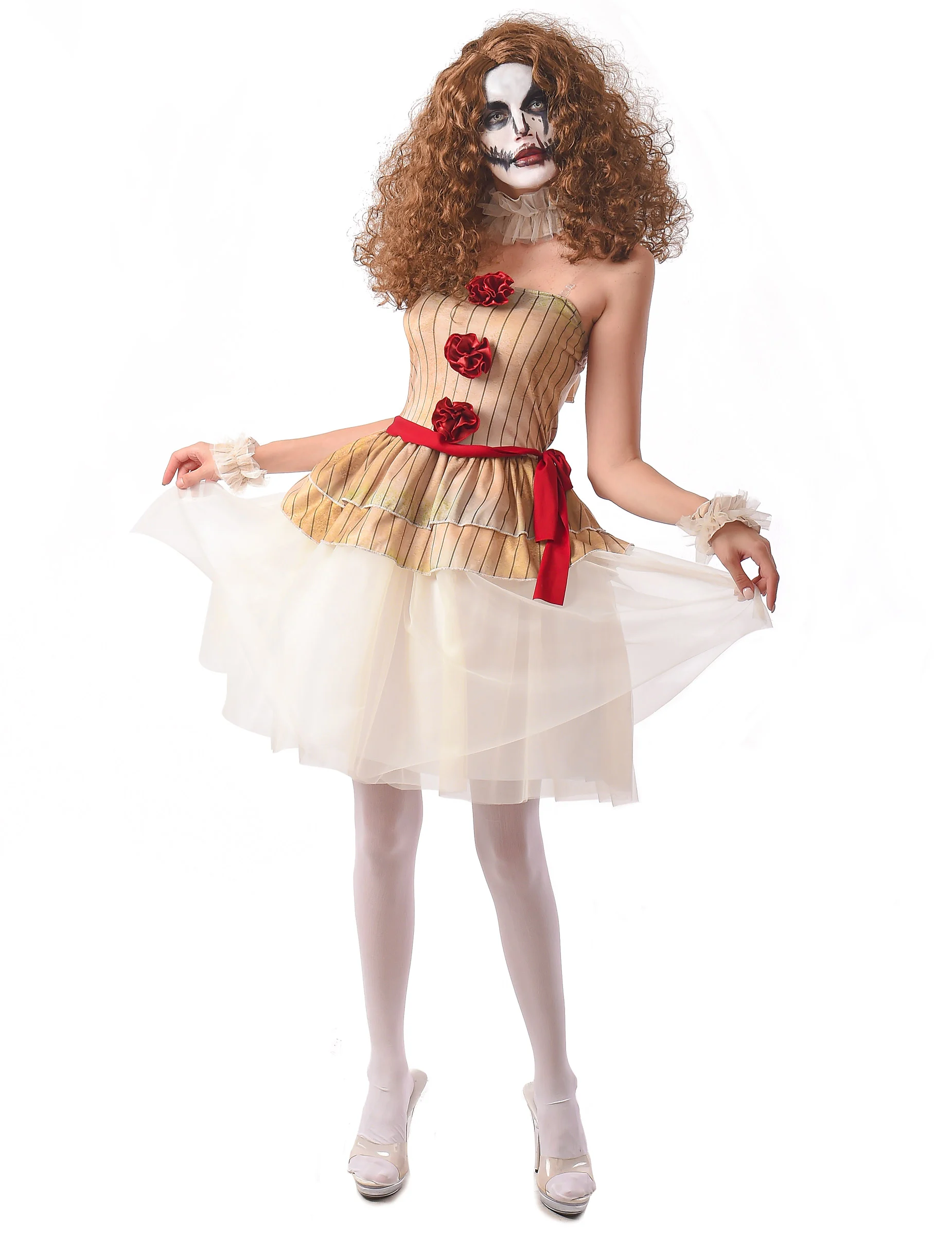Bild von Horror-Clown-Kostüm für Damen Halloween beige-rot-weiss