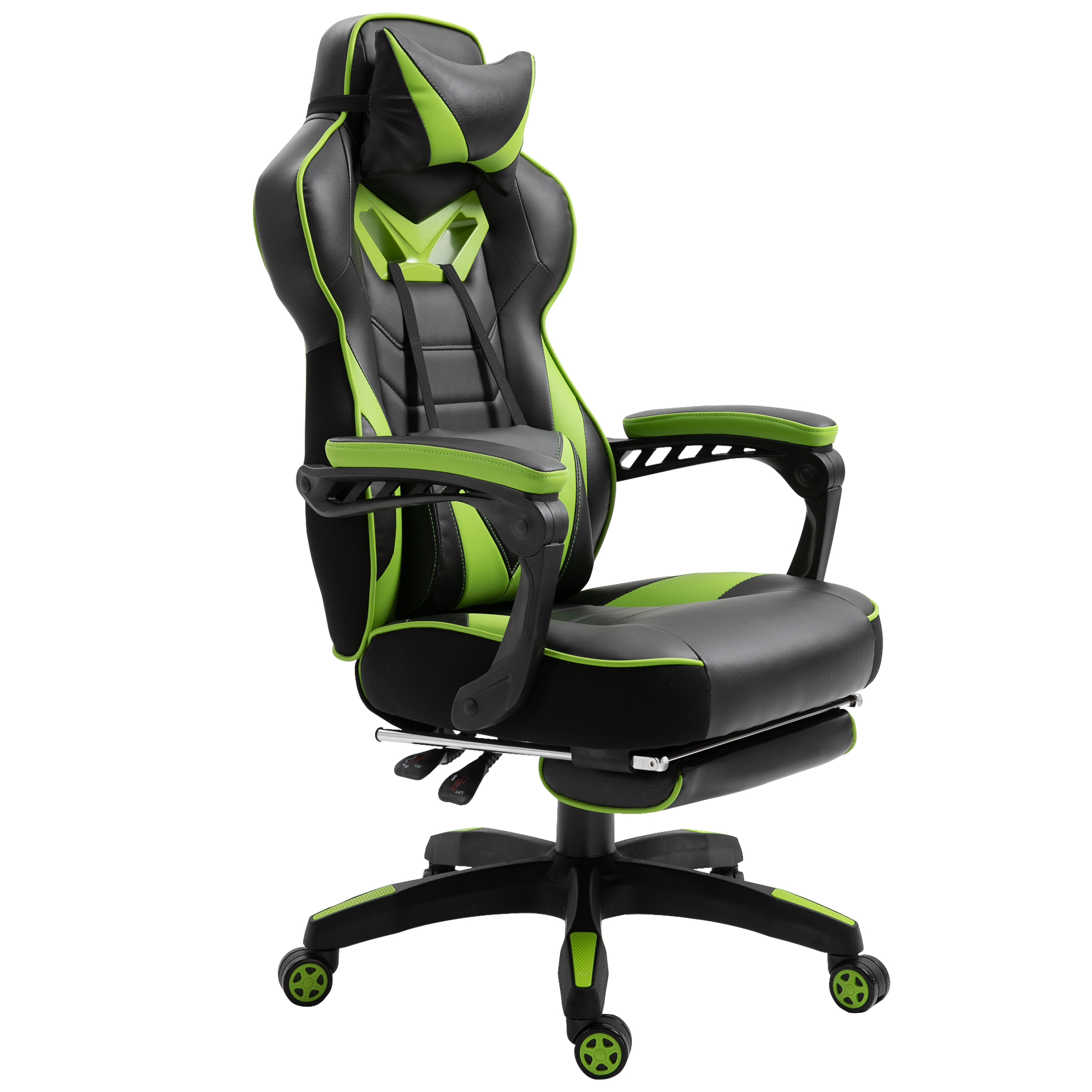 Bild von Vinsetto Ergonomischer Gaming-Bürostuhl, Bürostuhl mit Fußstütze, Kopfstütze und Lendenkissen, Höhenverstellbar, Schwarz und Grün   Aosom