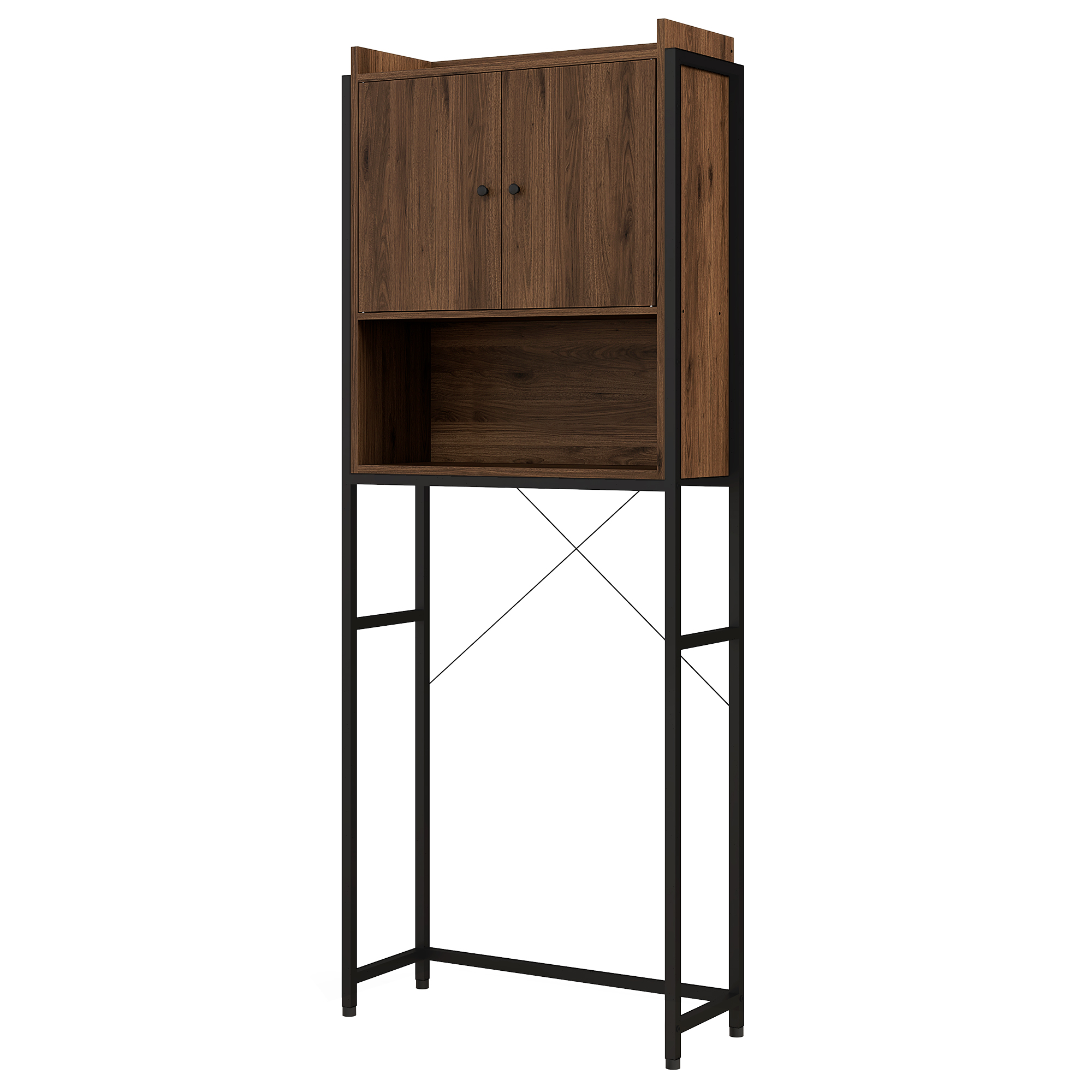 Bild von Kleankin Badezimmerschrank Überregal Badregal 2 Türen und Nische - 68 x 25,5 x 172,5 cm Braun Schwarz   Aosom