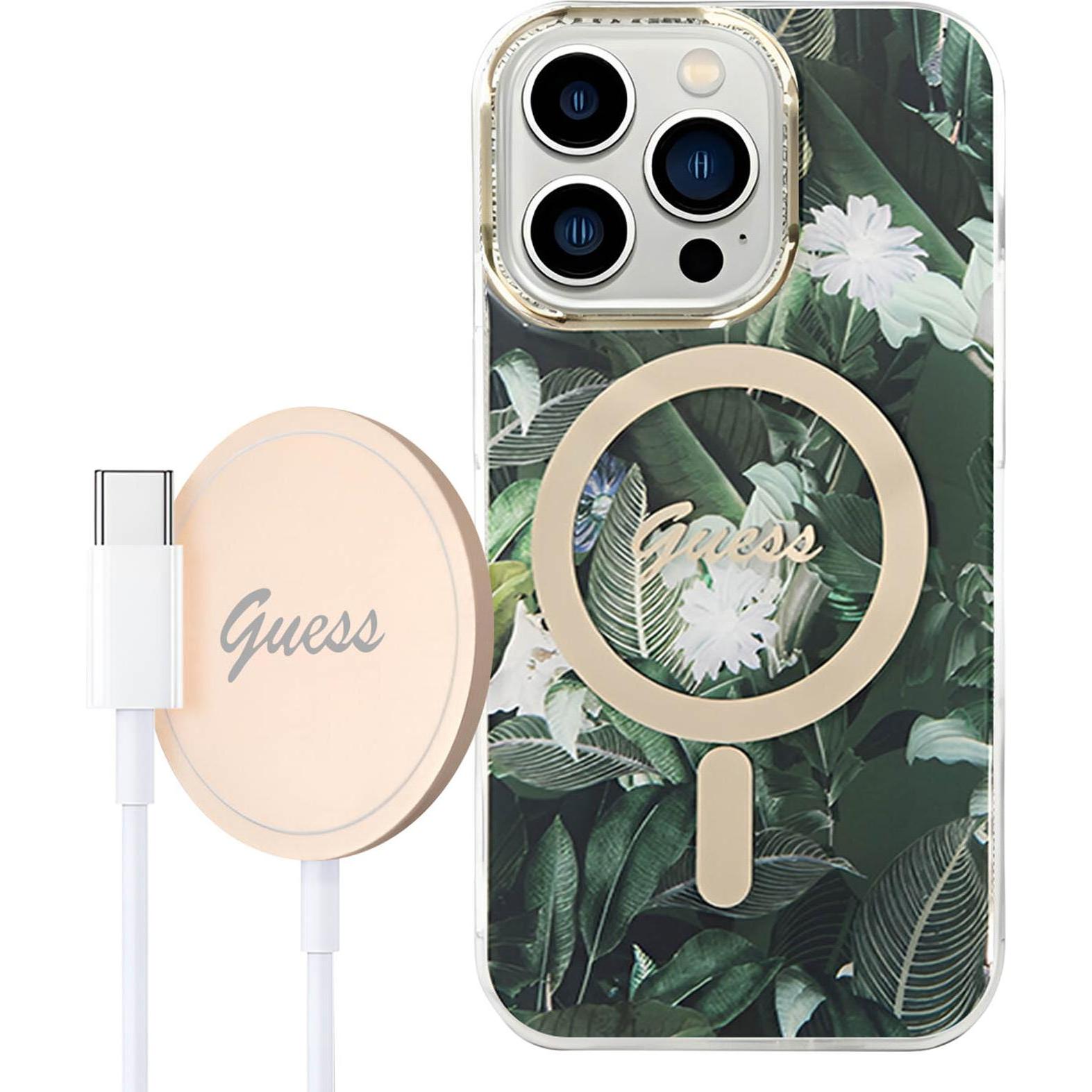 Bild von Guess Zestaw Guess GUBPP14XHJEACSA Case+ Charger iPhone 14 Pro Max 6,7" zielony/green hard case Jungle Mag (iPhone 14 Pro Max), Smartphone Hülle, Grün