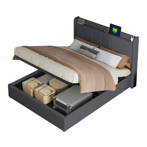 Bild von FUROKOY Polsterbett Doppelbett mit Stauraum und LED-Beleuchtung