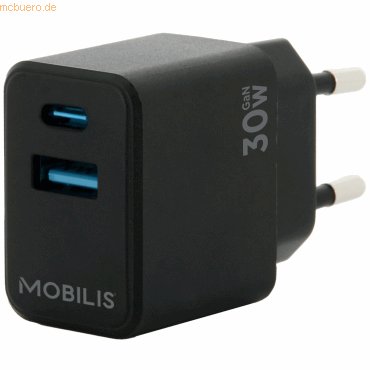 Bild von Mobilis - Netzteil - schnell, GaN - 30 Watt - QC, PD/PPS - 2 Ausgabeanschlussstellen (24 pin USB-C, USB) - Schwarz - Europa (001362)