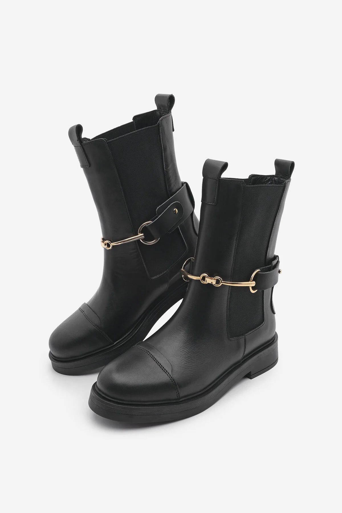 Bild von Marjin Stiefel Aus Echtem Leder Mit Elastischem Seitenband Und Goldener Kettenschnalle Lorve Schwarz für Damen - 39