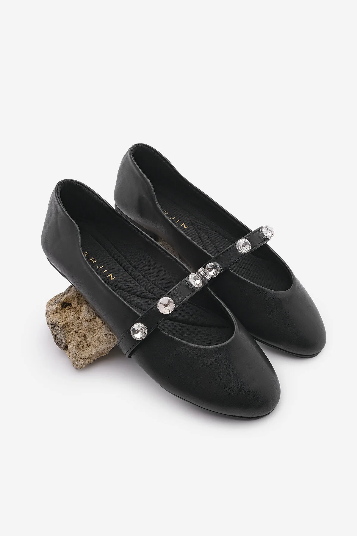 Bild von Marjin Schwarze Ballerinas Mit Leopardenmuster – Kiyas Mit Steinen Und Bändern für Damen - 37
