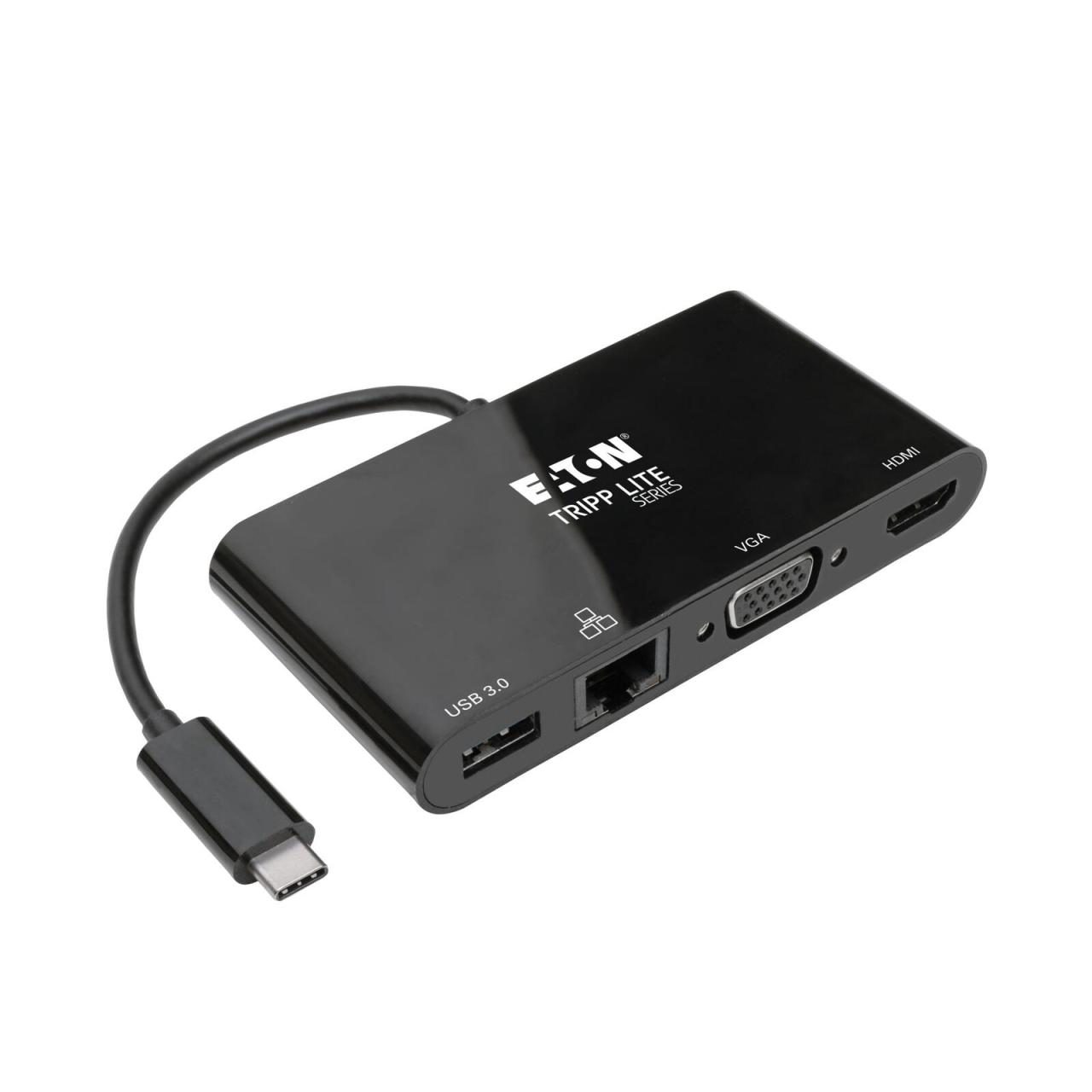 Bild von Tripp Lite USB 3.1 Gen 1 USB-C Adapter Converter Thunderbolt 3 Compatible 4K @ 30Hz - HDMI, VGA, USB-A Hub Port and Gigabit Ethernet, Black - Dockingstation - USB-C 3.1 - VGA, HDMI - GigE