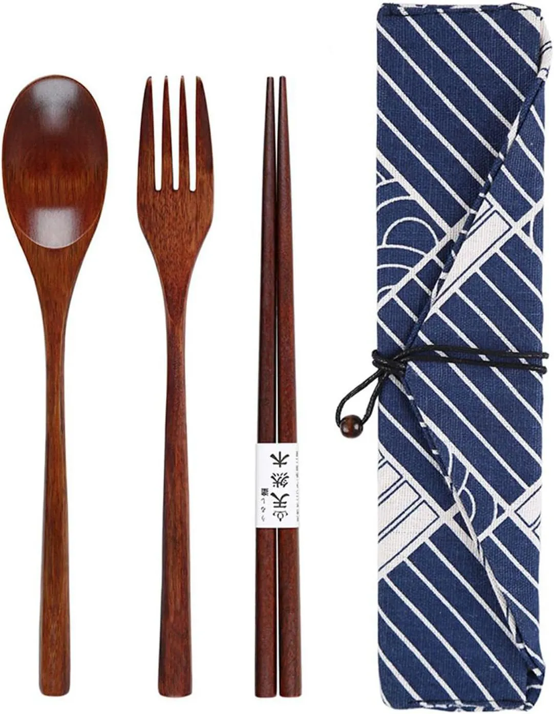 Bild von 4-teiliges japanisches Geschirrset mit Gabel, Löffel, Essstäbchen und Stofftasche, ideal für Schule, Picknicks und Camping