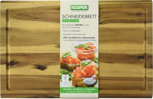 Bild von Kesper Tranchierbrett aus Akazienholz, FSC-zertifiziert, mit Saftrinne, 40 x 26 x 1,5 cm, naturfarben